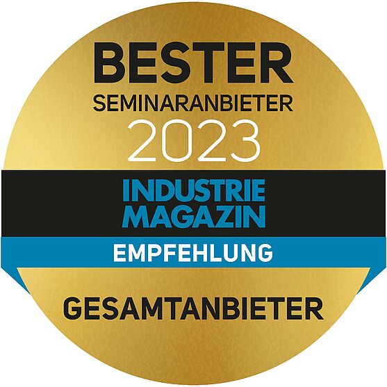 Das Siegel des Industriemagazins zeichnet die TÜV AUSTRIA Akademie als besten Seminaranbieter 2023 aus.