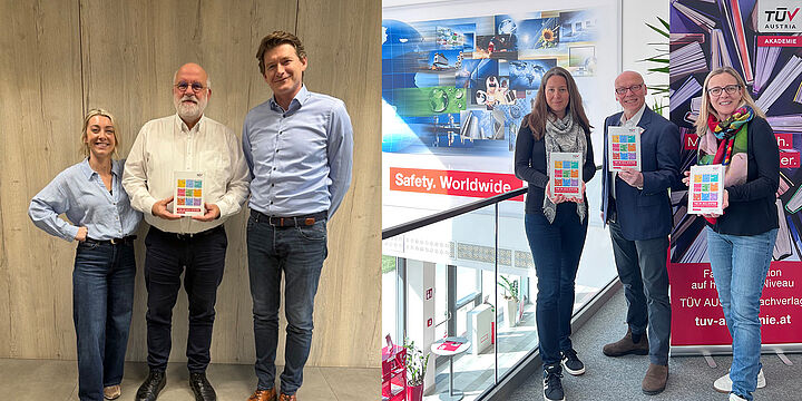 Fotocollage von 2 Teambildern, 6 Personen stehen mit dem Buch vor der Kamera