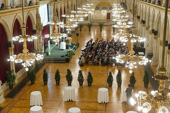 Viele interessierte Teilnehmer/innen fanden sich anlässlich dieser Veranstaltung im Festsaal des Wiener Rathauses ein.<br /> Die Bühne und das Publikum im Festsaal des Wiener Rathauses.