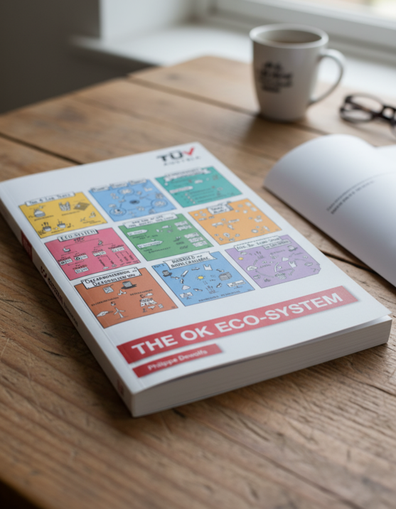 Das neue "THE OK ECO-System" Buch ist das erste abgeschlossene internationale Buchprojekt zwischen Gesellschaften des TÜV AUSTRIA <br /> Imagebild vom neuen "The OK ECO-System" Buch liegt mit dem Cover nach oben auf einem Holztisch, daneben ein Folder, eine Brille und eine Kaffeetasse